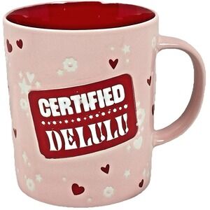 Certified Delulu Pink Coffee Mug Red Interior Hearts Cute Gift Cup